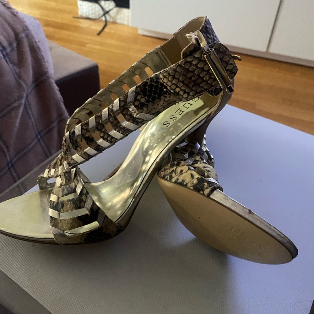 GUESS open toe gold and snake print heels, never worn